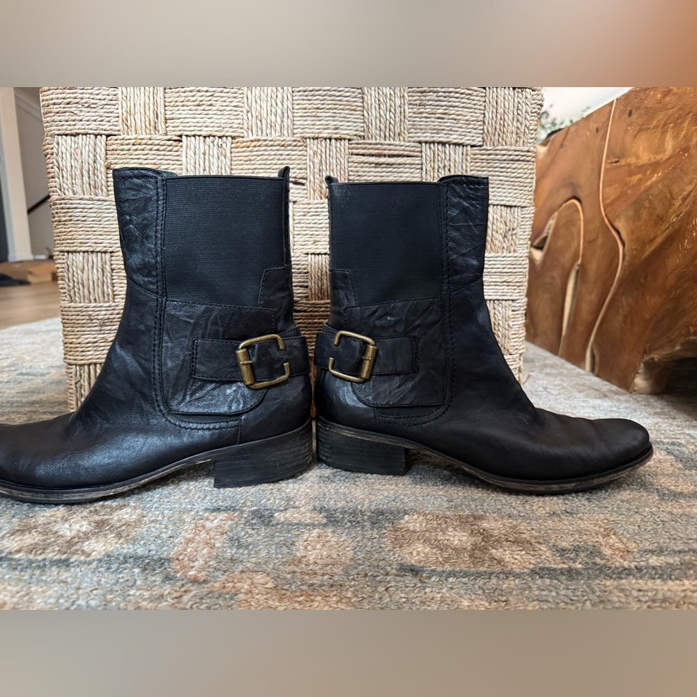 Sam Edelman black boots with gold ankle buckle